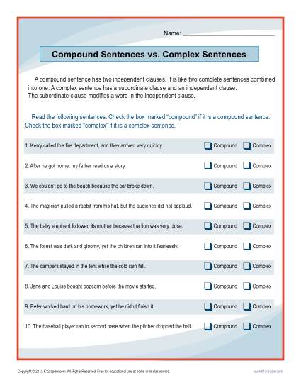 Printables Quiz On Types Of Sentences Simple Compound Complex Compound-complex compound sentences vs complex worksheet sentences