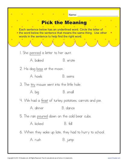 Printables Context Clues Worksheet context clues worksheets for 1st grade pick the meaning printable first worksheet meaning