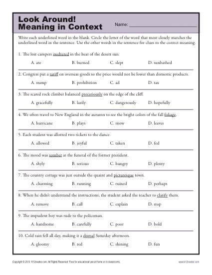 Printables Context Clues Worksheet look around meaning in context middle school worksheets clues worksheet lesson activity around