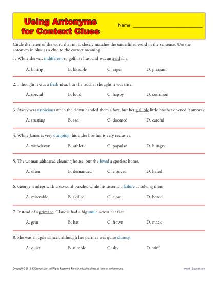 Printables Context Clues Worksheet using antonyms for context clues middle school worksheets clues