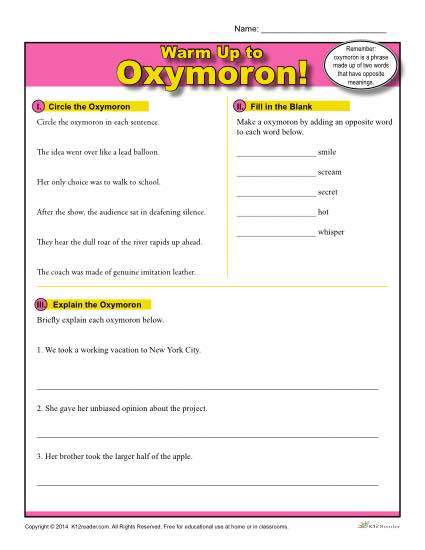 Printables Oxymoron Worksheet oxymoron warm up activity figurative language worksheets to oxymoron